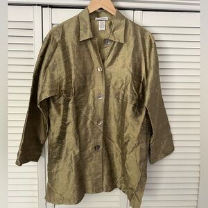 Vintage Olive Green 100% Silk Button-Up Tunic Shirt